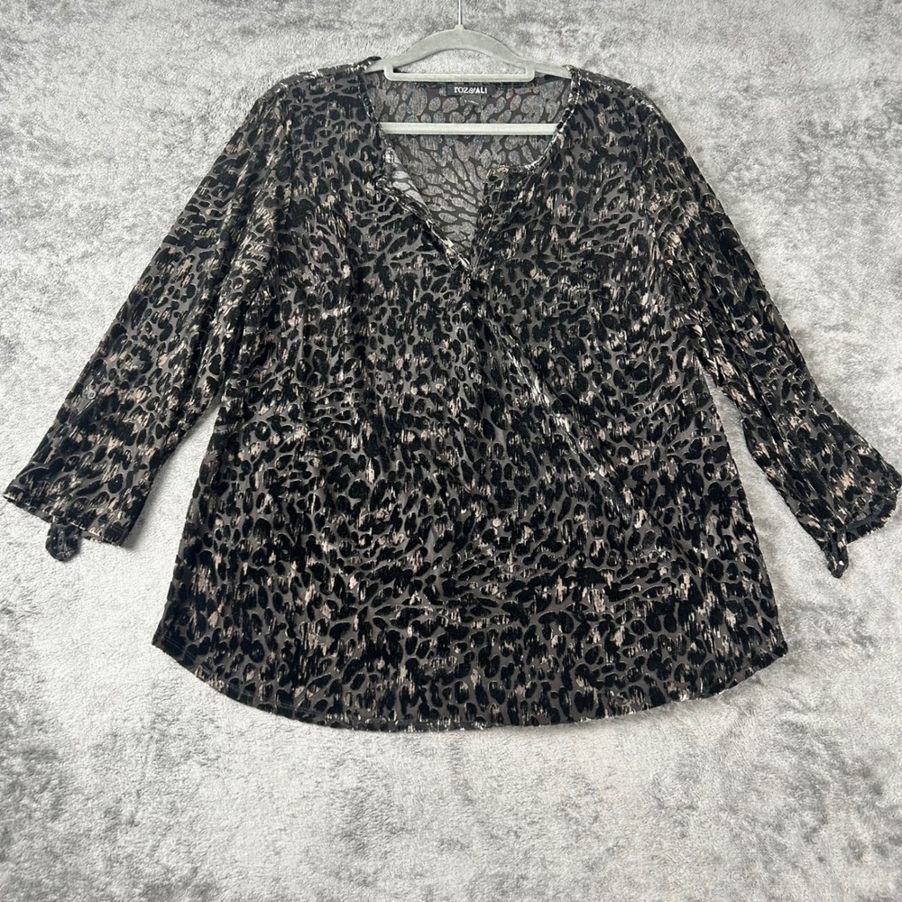 Roz & Ali Womens Medium Black Leopard Burnout Velvet Roll Tab Sleeve Blouse